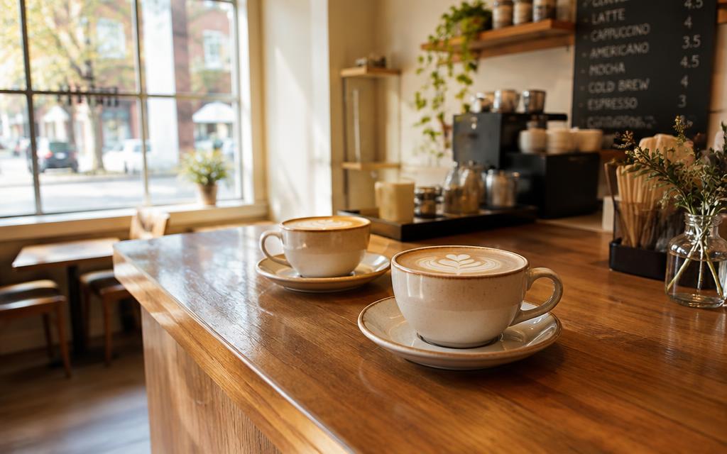 Two cups of coffee on a sunlit cafe counter