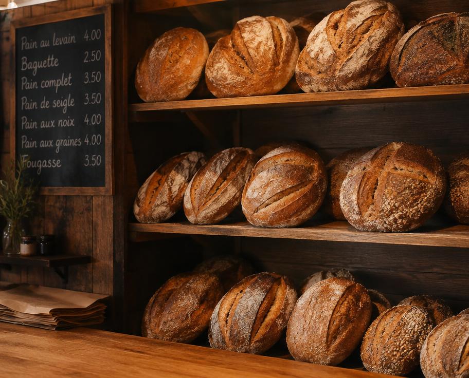 Shelves of crusty bread loaves in a bakery