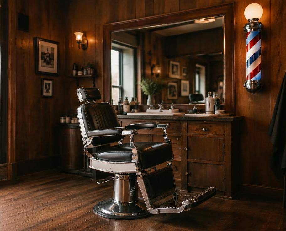Vintage barber chair in a wood-panelled shop