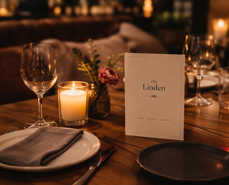 Candlelit restaurant table with a printed menu